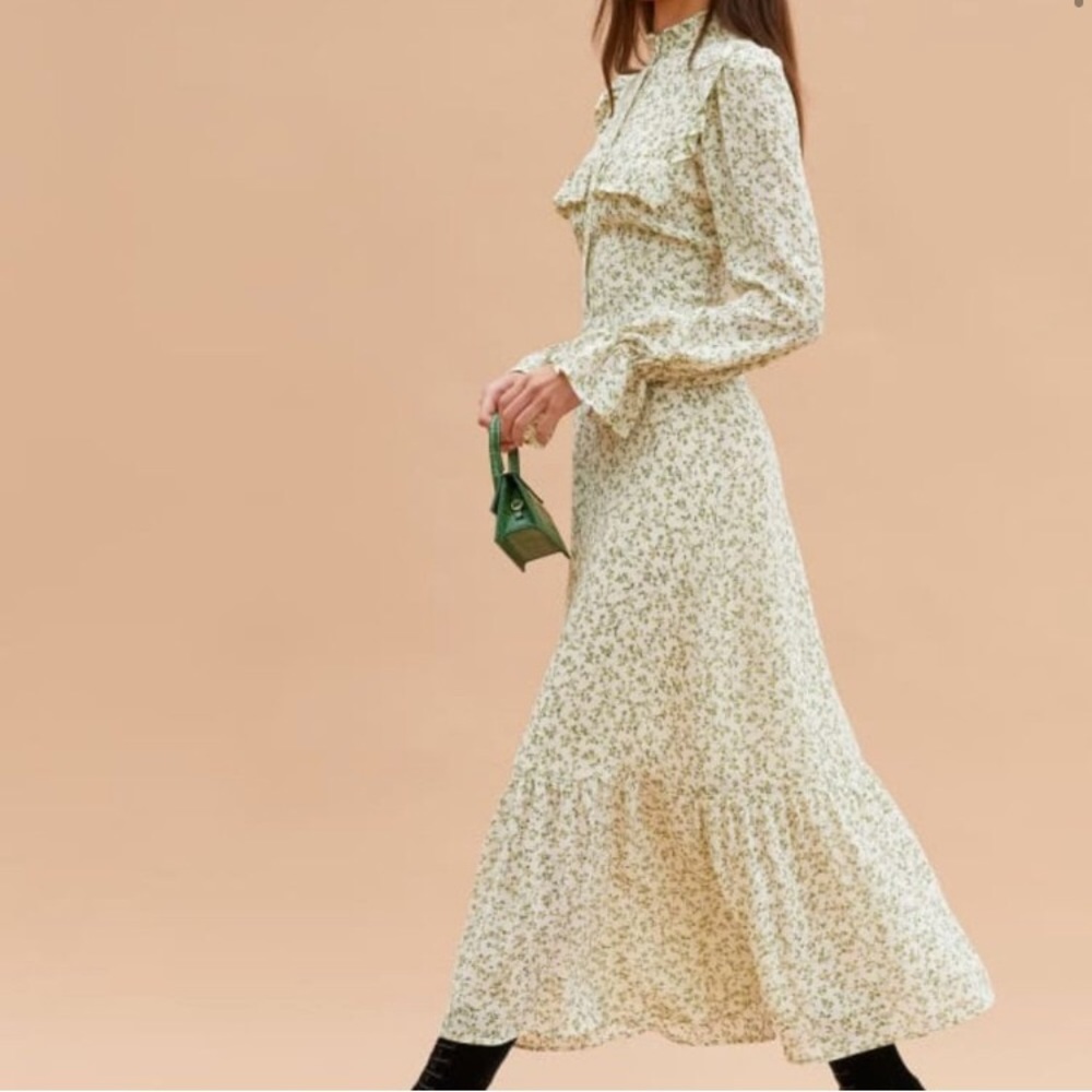 Reformation Halli Ivy Maxi Dress Long Sleeve Ivory Green Floral Button Front